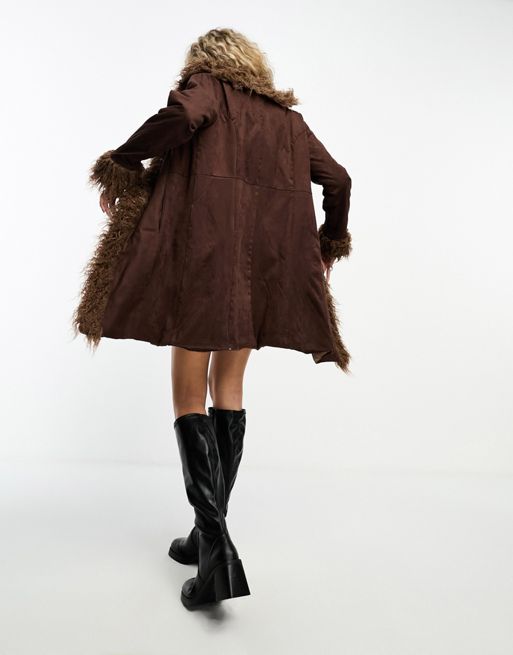 Daisy Street longline faux suede and shearling coat in chocolate