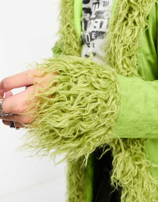 Daisy Street longline faux suede shearling jacket in green, 2 of 4