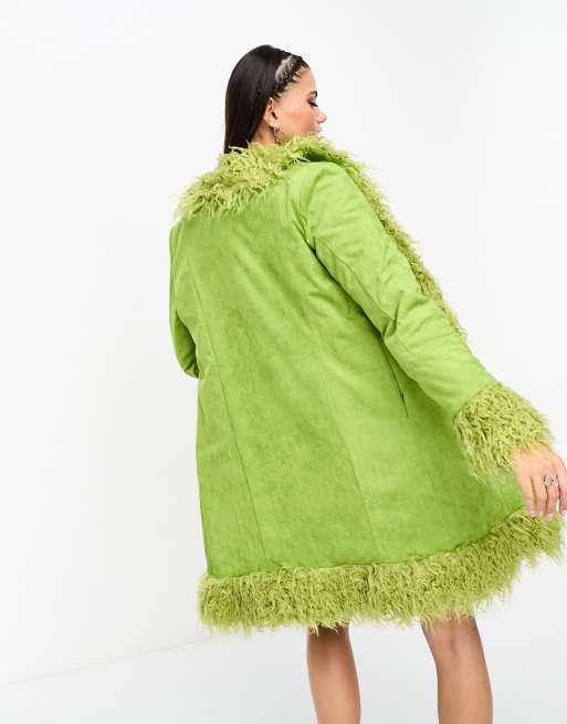 Daisy Street longline faux suede shearling jacket in green, 4 of 4