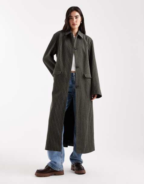Daisy Street longline tailored pinstripe coat in brown and blue - view 1