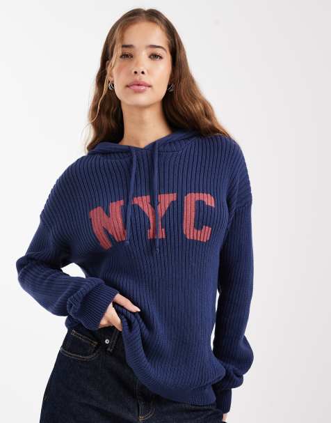 Daisy Street loose knitted hoodie with graphic in navy - view 1