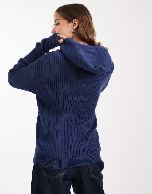 Daisy Street loose knitted hoodie with graphic in navy, 3 of 4