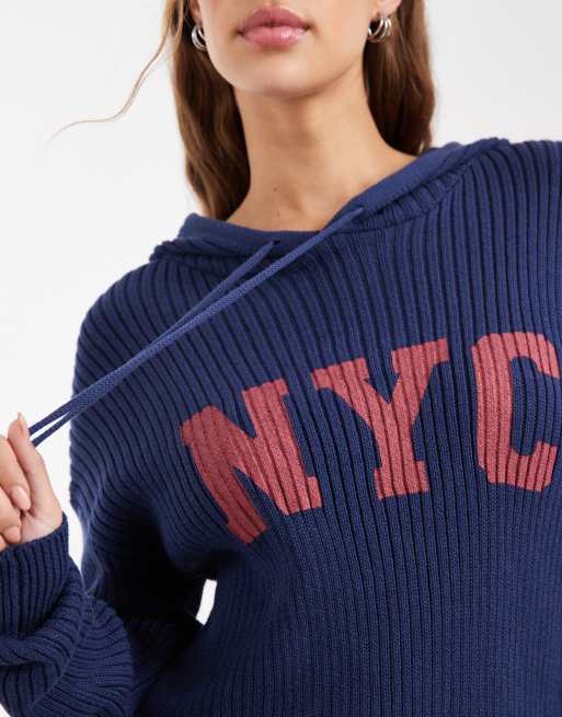 Daisy Street loose knitted hoodie with graphic in navy, 4 of 4