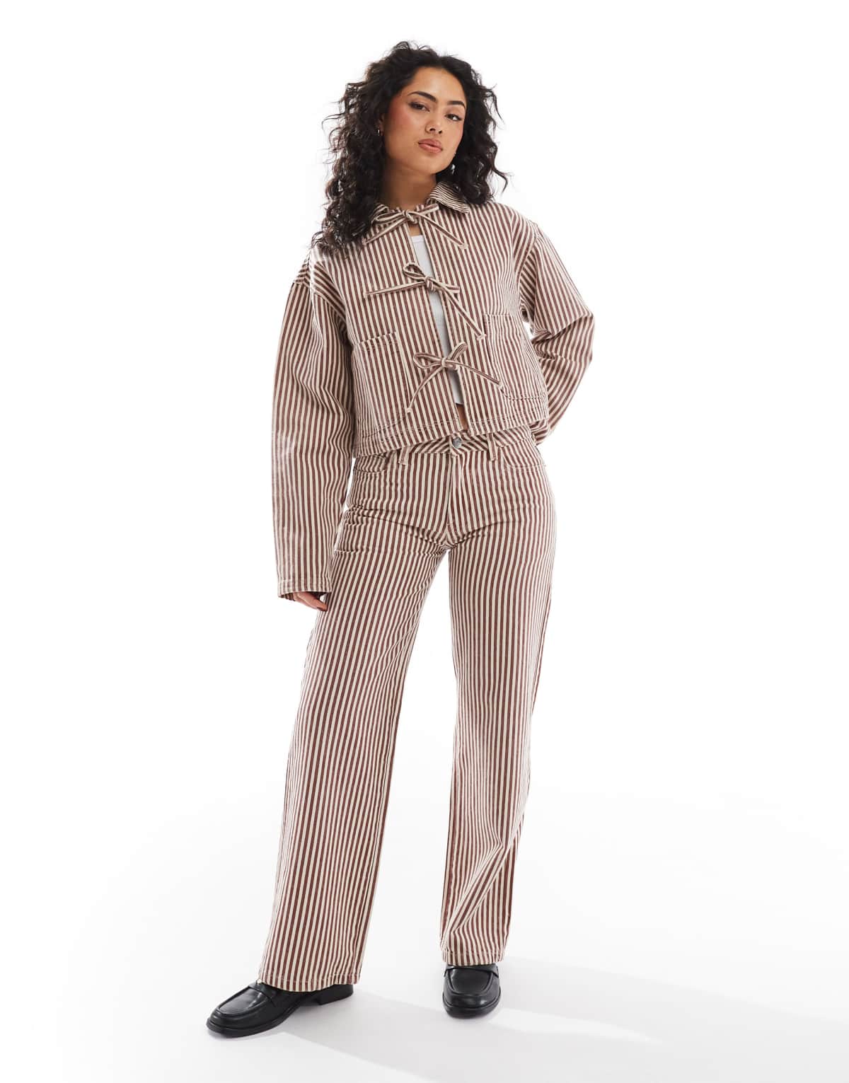 Daisy Street low rise baggy jeans in red and ecru stripe jeans co-ord
