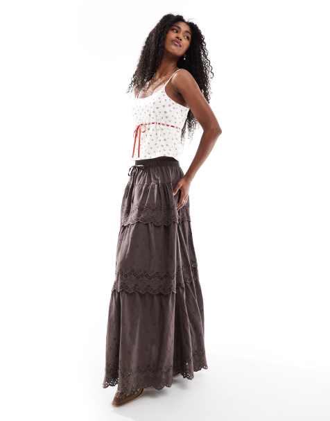 Daisy Street low rise boho broderie midaxi skirt in brown - view 1