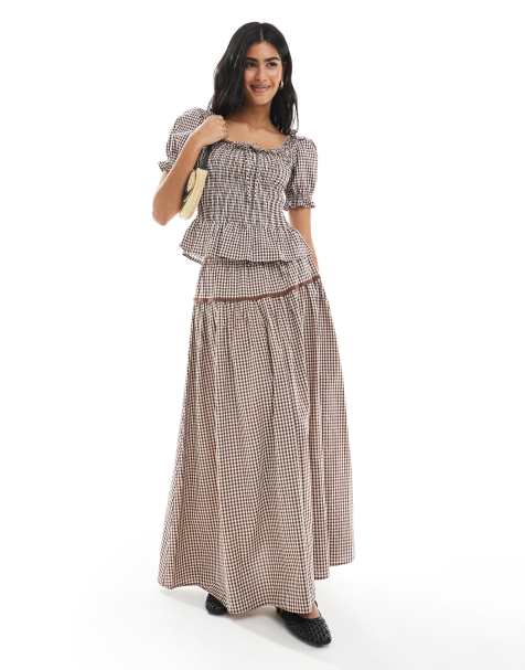 Daisy Street low rise boho maxi skirt in brown plaid - part of a set - view 1