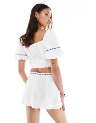 daisy street low rise broderie mini skirt with thread through ribbon in white - part of a set