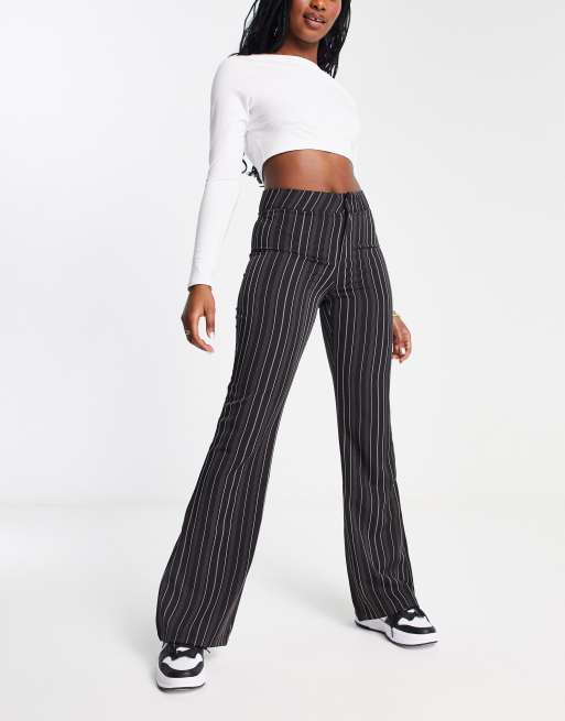 Daisy Street low rise fit flare trousers in black pinstripe, 4 of 4
