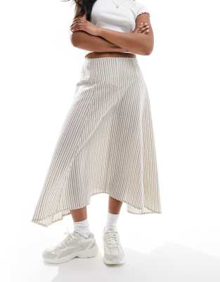 low rise hanky hem midi skirt in brown stripe