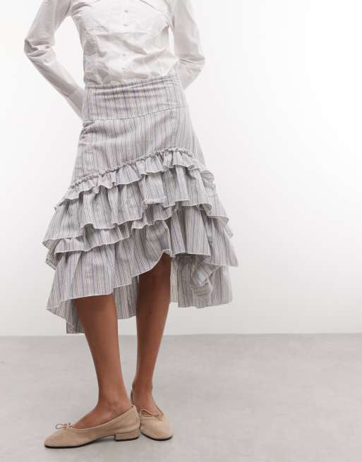 Daisy Street low rise midi skirt with ruffle detailing in blue stripe, 2 of 5