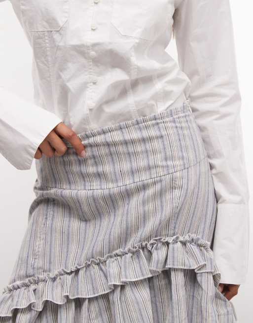 Daisy Street low rise midi skirt with ruffle detailing in blue stripe, 3 of 5