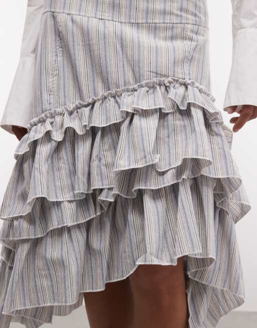 Daisy Street low rise midi skirt with ruffle detailing in blue stripe, 4 of 5