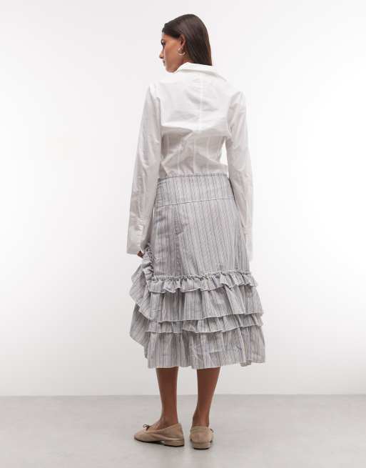 Daisy Street low rise midi skirt with ruffle detailing in blue stripe, 5 of 5