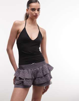 Daisy Street Low Rise Shirred Broderie Mini Rara Shorts In Gray