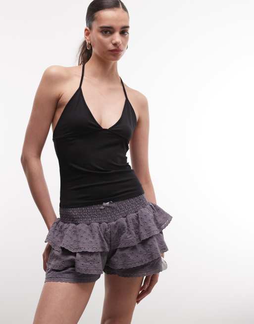 Daisy Street low rise shirred broderie mini rara shorts in gray