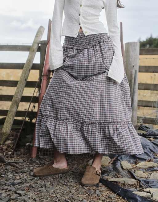 Daisy Street low rise shirred midi skirt with ruffle hem in multi check, 2 of 4