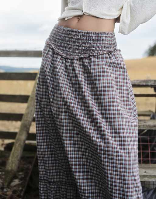 Daisy Street low rise shirred midi skirt with ruffle hem in multi check, 4 of 4