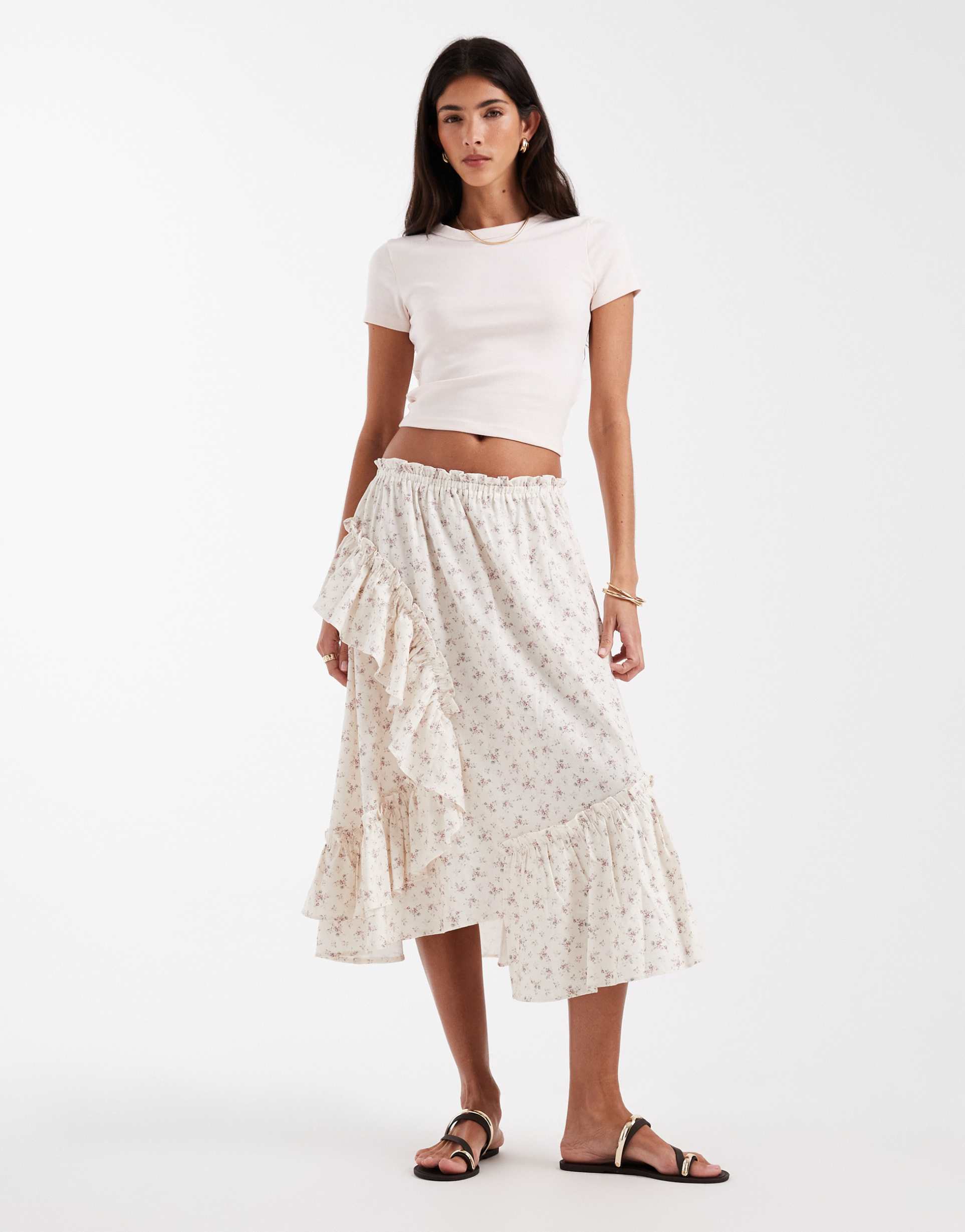 daisy street low rise tiered asymmetric midaxi skirt in cream floral