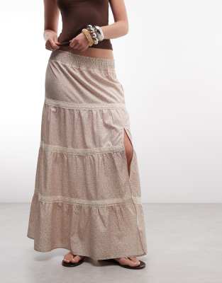 Daisy Street low rise tiered maxi skirt in beige micro floral