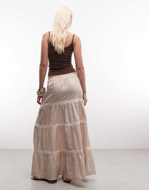 Daisy Street low rise tiered maxi skirt in beige micro floral, 4 of 5