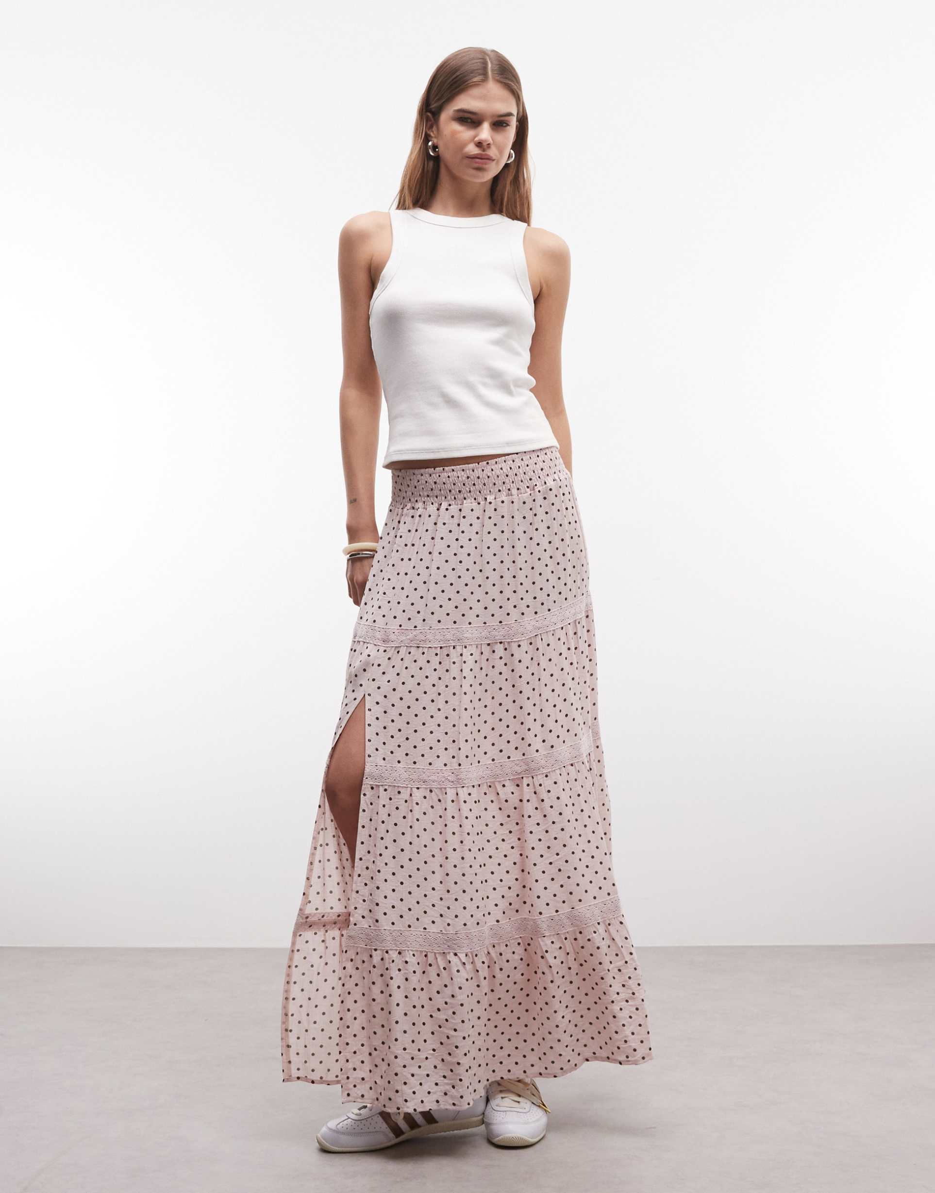 daisy street low rise tiered maxi skirt in pink polka dot