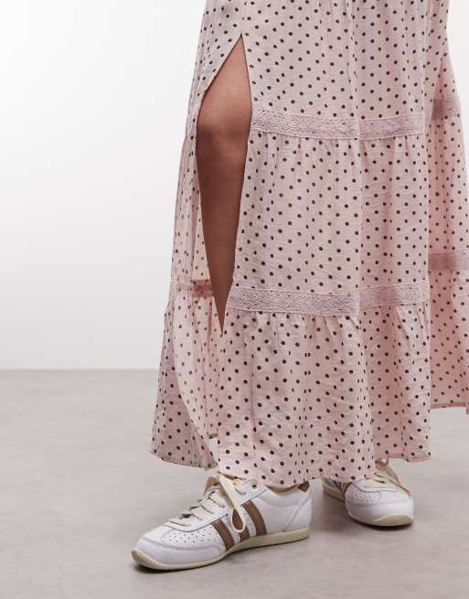 Daisy Street low rise tiered maxi skirt in pink polka dot, 2 of 5