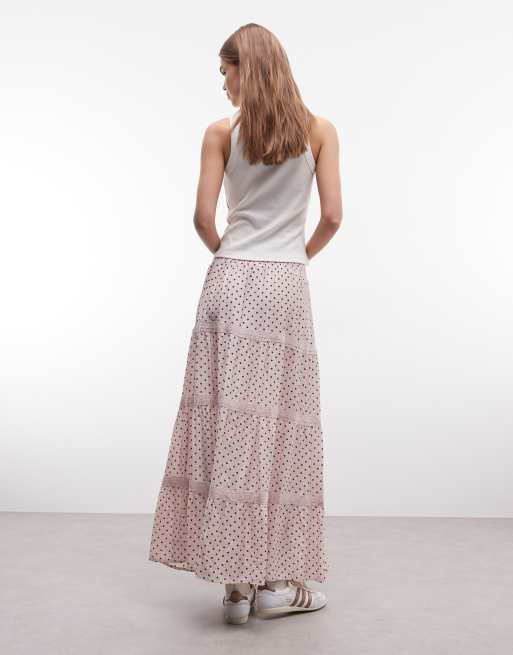 Daisy Street low rise tiered maxi skirt in pink polka dot, 4 of 5