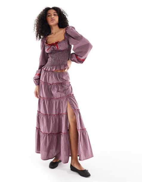 Daisy Street low rise tiered maxi skirt in red check co-ord - view 1