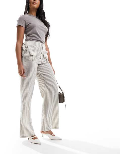 Daisy Street low rise Y2K trousers in khaki stripe with pocket buckle detail - view 1