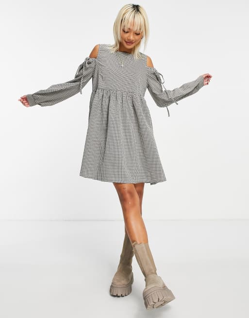 Daisy Street –Luźna sukienka mini w drobną kratkę, z wiązanymi rękawami