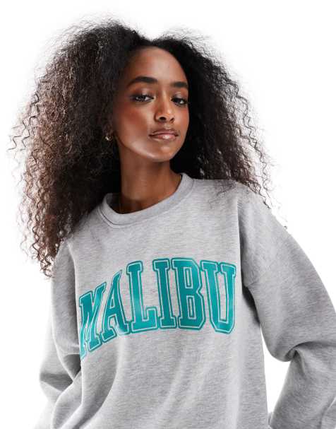 Daisy Street - Lysegrå meleret oversized sweatshirt med Malibu-print - view 1