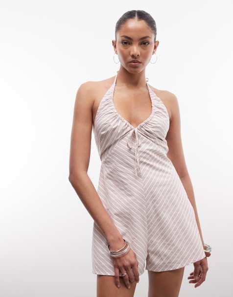Daisy Street - Lyserødt stribet playsuit med V-hals og bindebånd foran - view 1