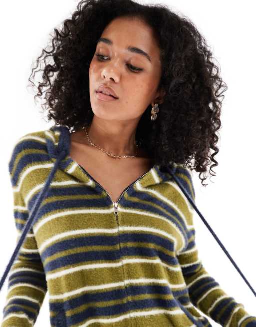 Daisy Street - Maglia soffice con chiusura a zip e cappuccio blu navy e verde oliva a righe, 2 di 4