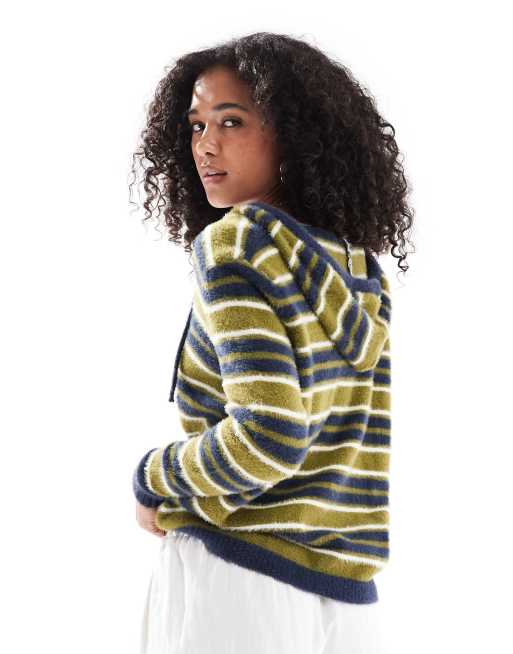 Daisy Street - Maglia soffice con chiusura a zip e cappuccio blu navy e verde oliva a righe, 4 di 4