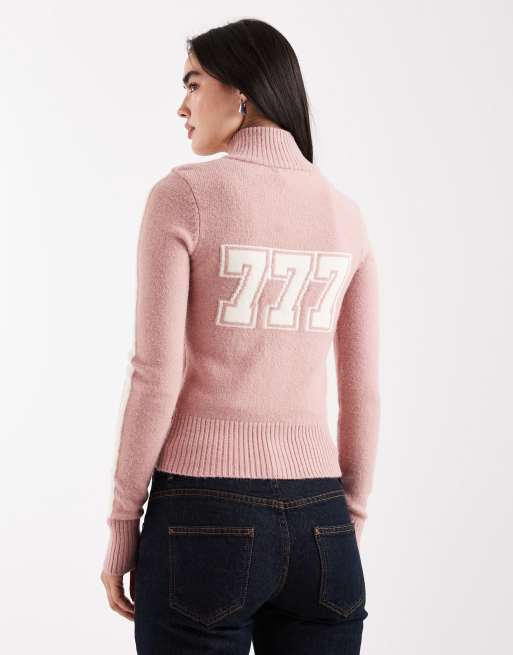 Daisy Street - Maglione accollato rosa e crema con numeri e zip, 2 di 4