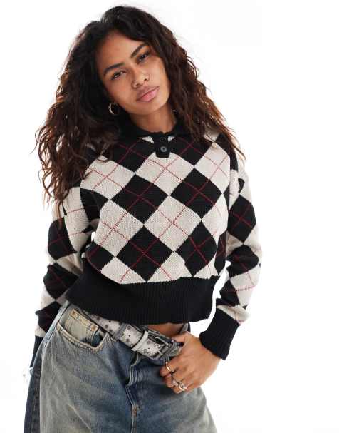 Daisy Street - Maglione con motivo a rombi nero e pietra e colletto - view 1