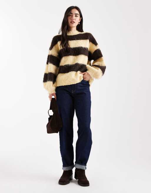 Daisy Street - Maglione soffice marrone e giallo burro a righe con maniche a palloncino
