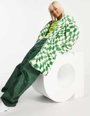 Daisy Street mid length faux fur coat in wavy checkerboard print - ASOS Price Checker