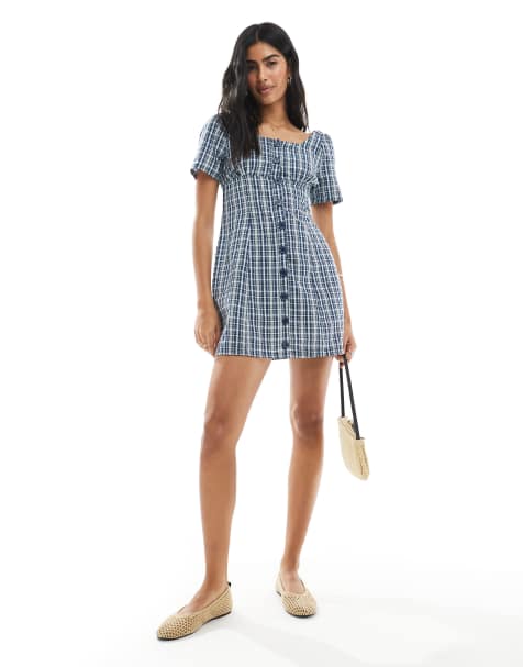 Daisy Street – Marinblå och blå, rutig miniklänning i milkmaid-modell med knäppning framtill - view 1