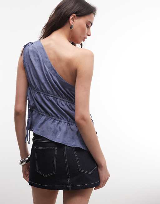 Daisy Street - Marineblå oneshoulder-top med rynker i jacquard, 4 af 4