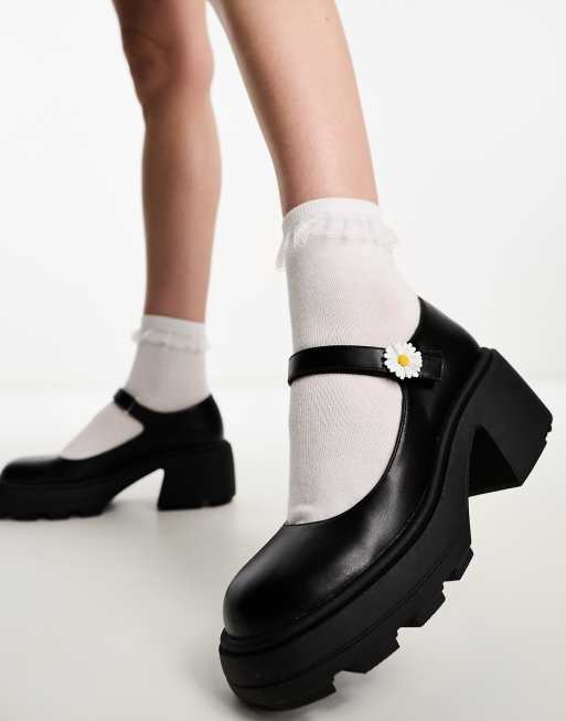 Daisy Street – Mary-Jane-Schuhe in Schwarz mit Gänseblümchen-Detail und dicker Sohle 