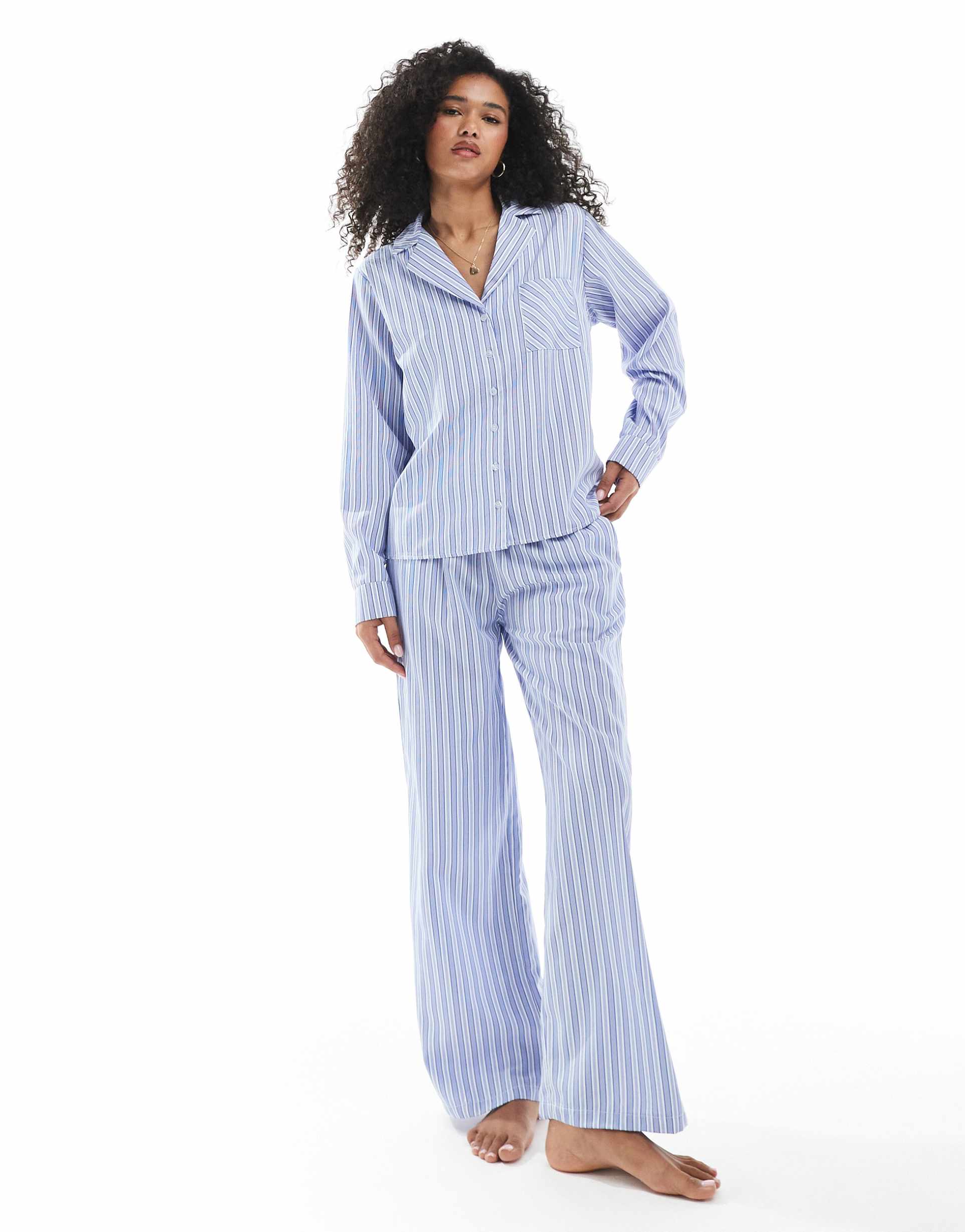 daisy street matching long sleeve shirt and pants in green/blue stripe