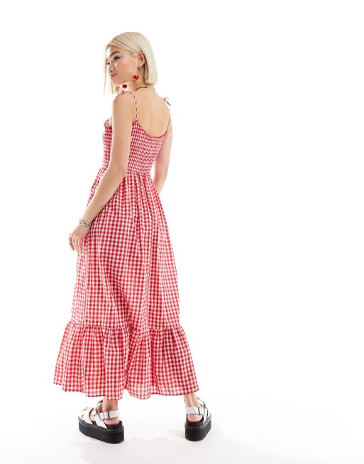 Daisy Street - Maxi jurk met gestrikte camibandjes en gingham ruit in rood, 3 van 4