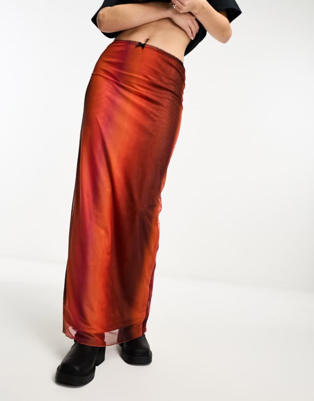 Daisy Street - maxi mesh skirt in warm ombre with bow detail