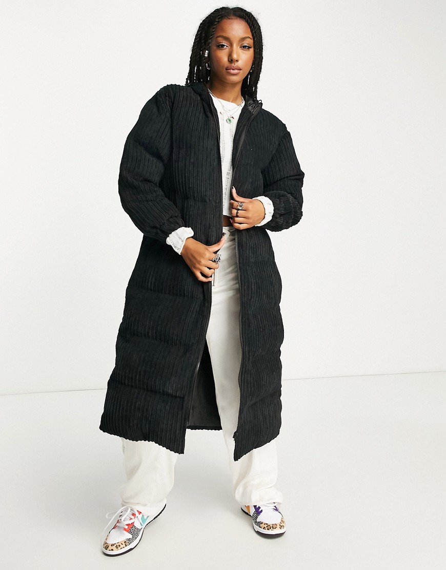 Daisy Street maxi puffer coat in black jumbo corduroy with hood