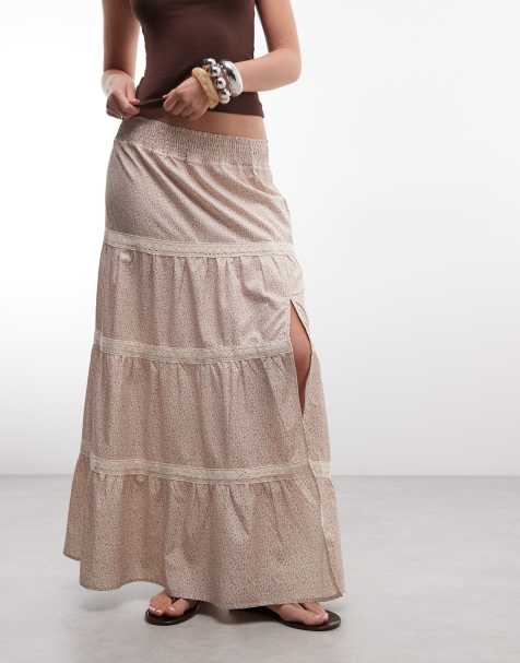 Daisy Street - Maxi rok met lage taille, stroken en fijne bloemenprint in beige - view 1