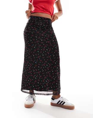 maxi skirt in mesh cherry print-Black