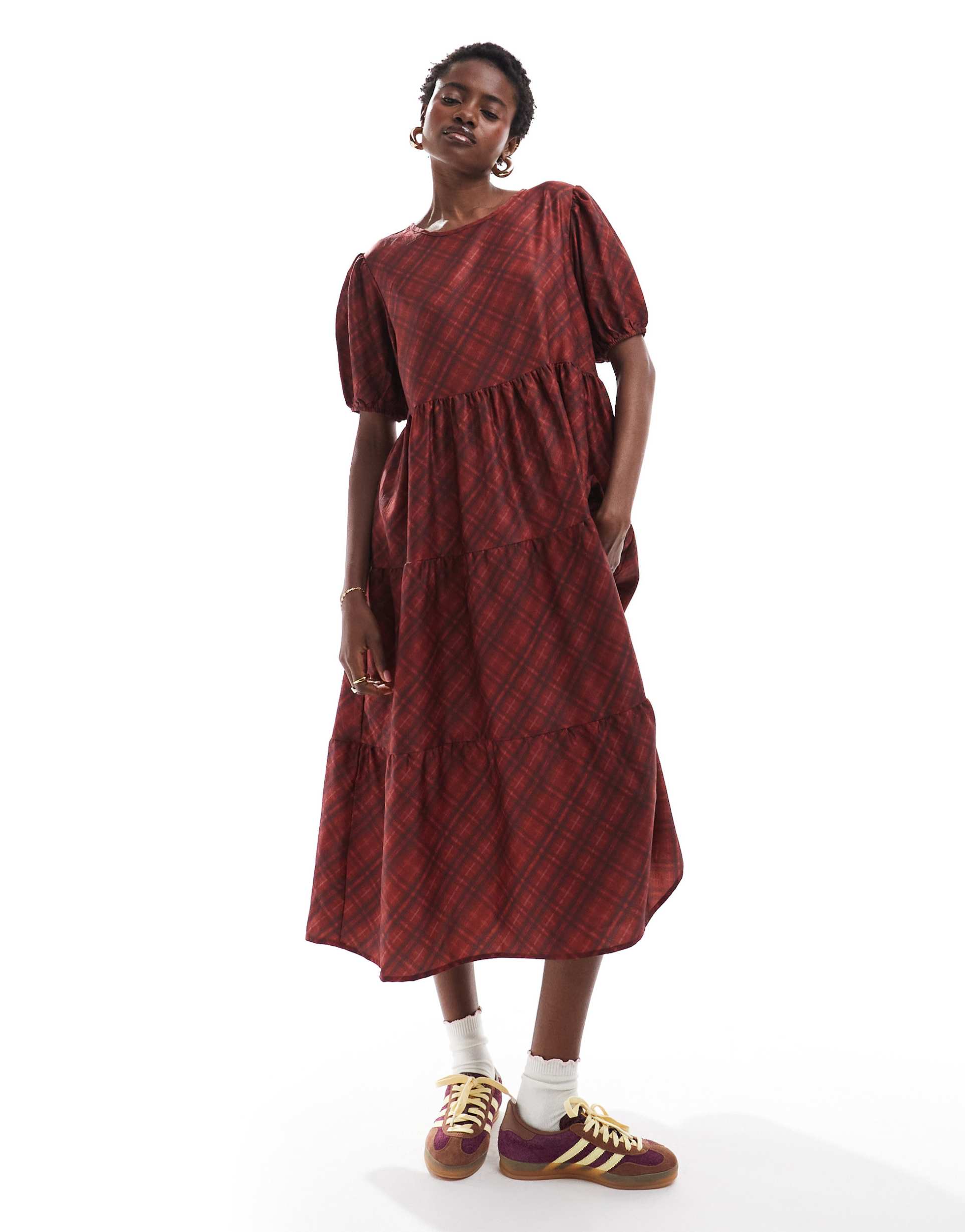 daisy street maxi smock dress in red plaid