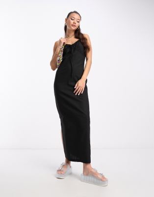 Daisy Street - Maxi-Trägerkleid in Leinenoptik mit Schnürung vorne-Black