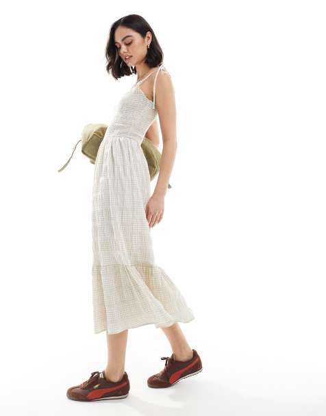 Daisy Street - Maxikjole med rynket overdel og beige gingham-tern - view 1